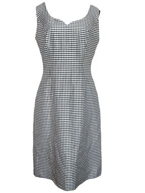 Zinnia Thai Silk Gingham Wiggle Dress Black White Plaid Sheath *M Rockabilly